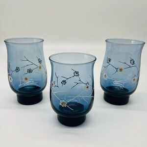 Libbey vintage Blue Glasses with Flowers - Blue Ming Pattern - Cherry Blossoms